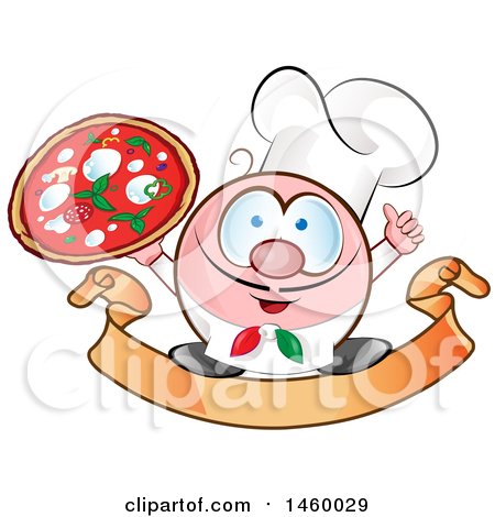 Clipart of a Cartoon Italian Chef Holding a Pizza and Thumb up on a Banner - Royalty Free Vector Illustration by Domenico Condello