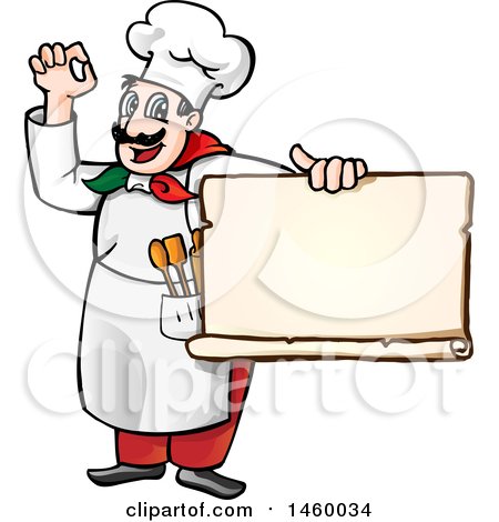 Clipart of a Cartoon Italian Chef Gesturing Perfect or Okay and Holding a Blank Menu or Sign - Royalty Free Vector Illustration by Domenico Condello
