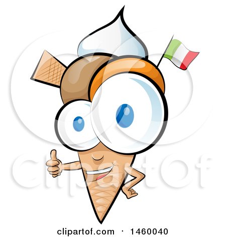 Clipart of a Waffle Ice Cream Cone Mascot with an Italian Flag, Giving a Thumb up - Royalty Free Vector Illustration by Domenico Condello