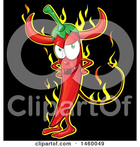 Clipart of a Spicy Red Chile Pepper Devil Mascot with Flames on Black - Royalty Free Vector Illustration by Domenico Condello