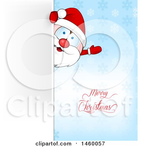 Clipart of a Santa Claus Waving Around a Sign, over a Blue Snowflake Background and Merry Christmas Text - Royalty Free Vector Illustration by Domenico Condello