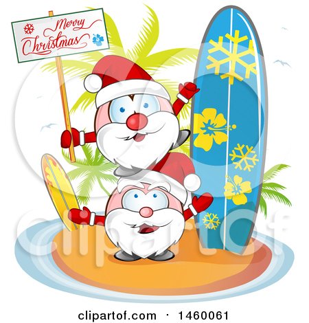 Clipart of a Christmas Santas on an Island with a Surfboard and Merry Christmas Sign - Royalty Free Vector Illustration by Domenico Condello