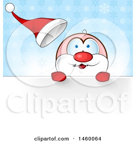 Clipart of a Christmas Santa Claus Looking over a Sign, Against Snowflakes - Royalty Free Vector Illustration by Domenico Condello