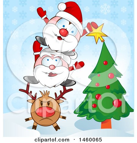 Clipart of a Christmas Reindeer with Santas Applying a Star to a Christmas Tree - Royalty Free Vector Illustration by Domenico Condello