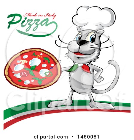 Clipart of a Cartoon Chef Cat Holding a Pizza Pie with Made in Italy Pizza Text on an Italian Swoosh - Royalty Free Vector Illustration by Domenico Condello