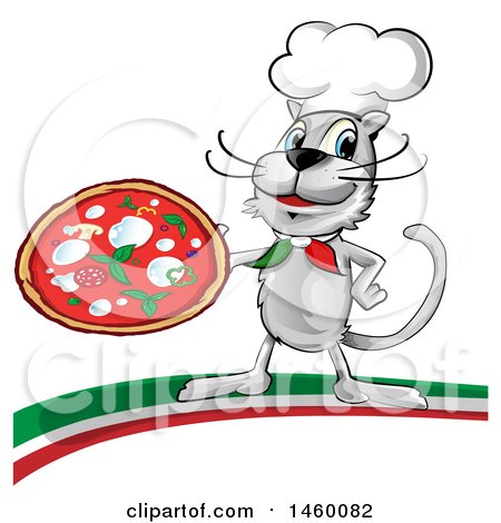 Clipart of a Cartoon Chef Cat Holding a Pizza Pie on an Italian Swoosh - Royalty Free Vector Illustration by Domenico Condello