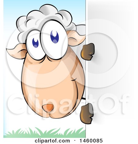 Clipart of a Cartoon Happy Sheep Looking Around a Sign - Royalty Free Vector Illustration by Domenico Condello