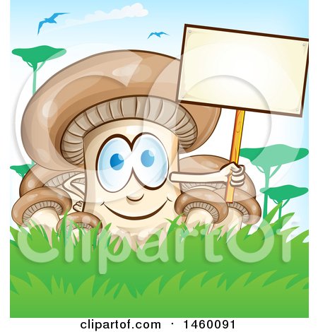 Clipart of a Cartoon Mushroom Mascot Holding a Blank Sign - Royalty Free Vector Illustration by Domenico Condello