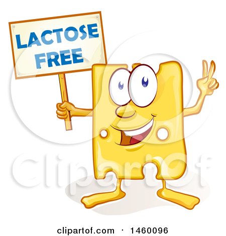 Clipart of a Cartoon Cheese Mascot Holding a Lactose Free Sign - Royalty Free Vector Illustration by Domenico Condello