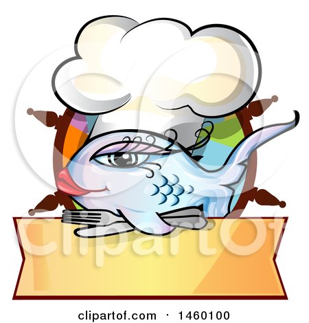 Clipart of a Cartoon Feminine Gradient Blue and Purple Chef Fish over a Menu Banner and Helm - Royalty Free Vector Illustration by Domenico Condello