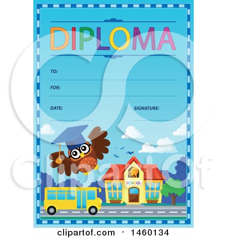Clipart of a Diploma Template with a School Bus, Building and Owl - Royalty Free Vector Illustration by visekart