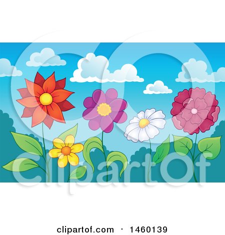 Clipart of a Row of Flowers Under a Summer Sky - Royalty Free Vector Illustration by visekart