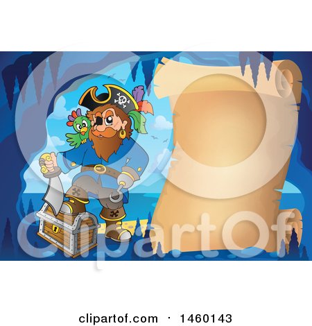 Clipart of a Parchment Scroll in a Cave with a Pirate and Treasure - Royalty Free Vector Illustration by visekart