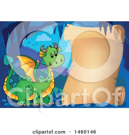 Clipart of a Parchment Scroll in a Cave with a Green Dragon - Royalty Free Vector Illustration by visekart