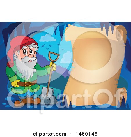 Clipart of a Parchment Scroll in a Cave with a Dwarf - Royalty Free Vector Illustration by visekart