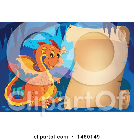 Clipart of a Parchment Scroll in a Cave with an Orange Dragon - Royalty Free Vector Illustration by visekart