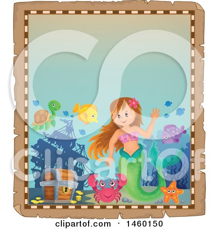 Clipart of a Parchment Border of a Mermaid and Creatures with Sunken Treasure - Royalty Free Vector Illustration by visekart