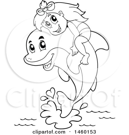Clipart of a Black and White Girl Riding a Dolphin - Royalty Free Vector Illustration by visekart
