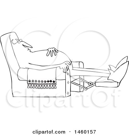 Clipart of a Black and White Chubby Devil Sleeping in a Recliner Chair - Royalty Free Vector Illustration by djart