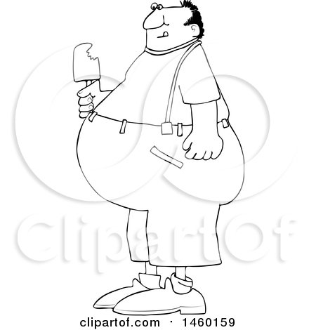 Clipart of a Black and White Fat Man Eating Ice Cream - Royalty Free Vector Illustration by djart