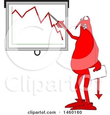 Clipart of a Red Devil Discussing a Decline in the Economy - Royalty Free Vector Illustration by djart