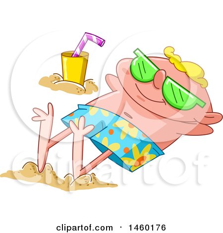 Clipart of a Happy Man Sun Bathing on a Sandy Beach - Royalty Free Vector Illustration by yayayoyo