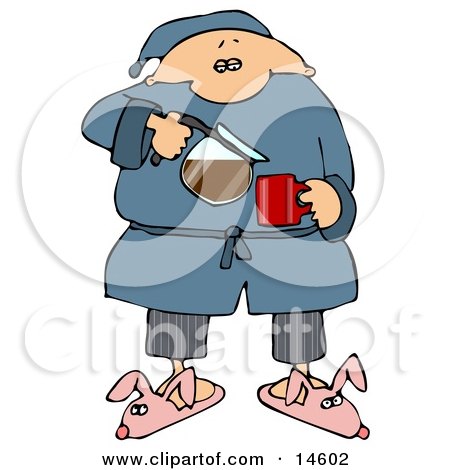 Sleepy Man In Pjs And Bunny Slippers, Pouring Himself A Cup Of Fresh, Hot Coffee In The Morning Clipart Illustration by djart
