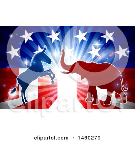 Clipart of a Silhouetted Political Democratic Donkey or Horse and Republican Elephant Fighting over an American Design and Burst - Royalty Free Vector Illustration by AtStockIllustration