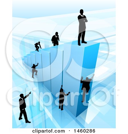 Clipart of a 3d Blue Bar Graph with Silhouetted Business Men Competing to Reach the Top - Royalty Free Vector Illustration by AtStockIllustration