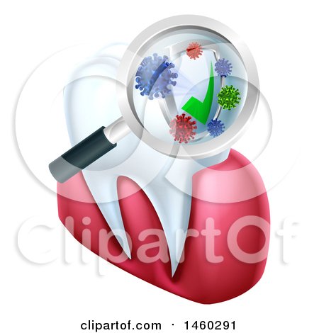 Clipart of a 3d Magnifying Glass Discovering Germs or Bacteria on a Tooth and Gums - Royalty Free Vector Illustration by AtStockIllustration