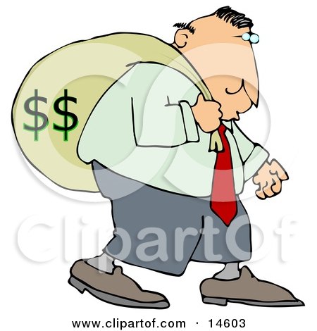 Greedy Businessman Carrying A Heavy Sack Of Money On His Back Clipart Illustration by djart