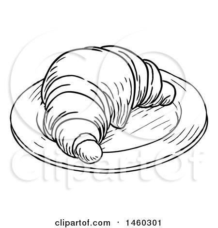 Clipart of a Black and White Vintage Engraved Croissant on a Plate - Royalty Free Vector Illustration by AtStockIllustration