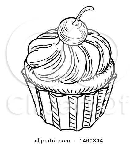 Clipart of a Black and White Vintage Engraved Cupcake - Royalty Free Vector Illustration by AtStockIllustration