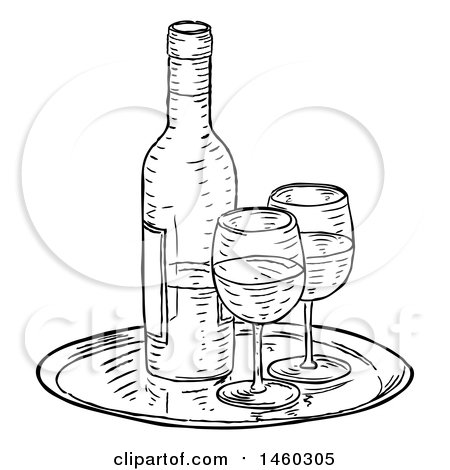 Clipart of a Black and White Vintage Engraved Wine Bottle and Glasses - Royalty Free Vector Illustration by AtStockIllustration