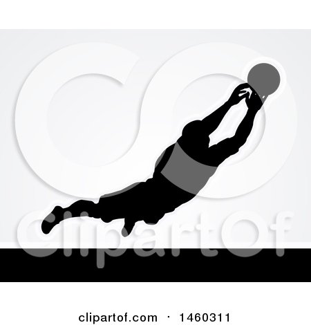 Clipart of a Black Silhouetted Goal Keeper Soccer Player Blocking the Ball, over Gray - Royalty Free Vector Illustration by AtStockIllustration