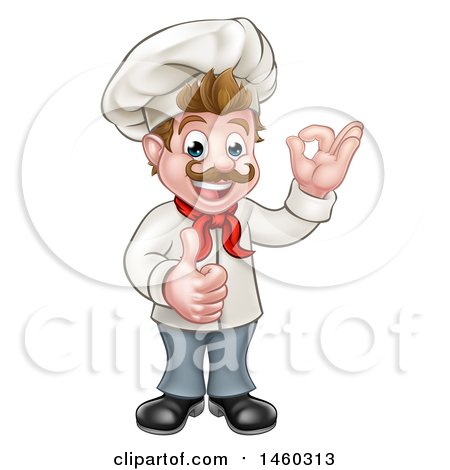 Clipart of a Cartoon Full Length Happy White Male Chef Gesturing Ok and Giving a Thumb up - Royalty Free Vector Illustration by AtStockIllustration