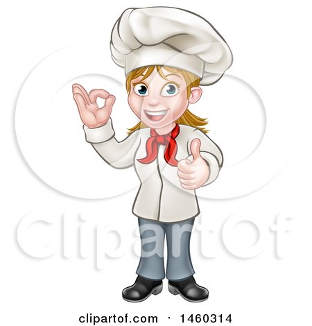 Clipart of a Cartoon Full Length Happy White Female Chef Gesturing Ok and Giving a Thumb up - Royalty Free Vector Illustration by AtStockIllustration