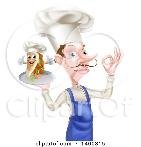 Clipart of a White Male Chef with a Curling Mustache, Holding a Souvlaki Kebab Sandwich on a Tray and Gesturing Perfect - Royalty Free Vector Illustration by AtStockIllustration