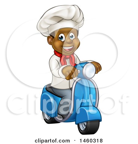 Clipart of a Cartoon Happy Black Male Chef Riding a Scooter - Royalty Free Vector Illustration by AtStockIllustration
