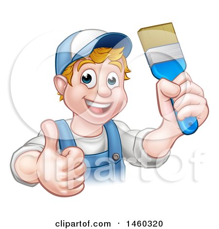 Clipart of a Cartoon Happy White Male Painter Holding up a Brush and Giving a Thumb up - Royalty Free Vector Illustration by AtStockIllustration