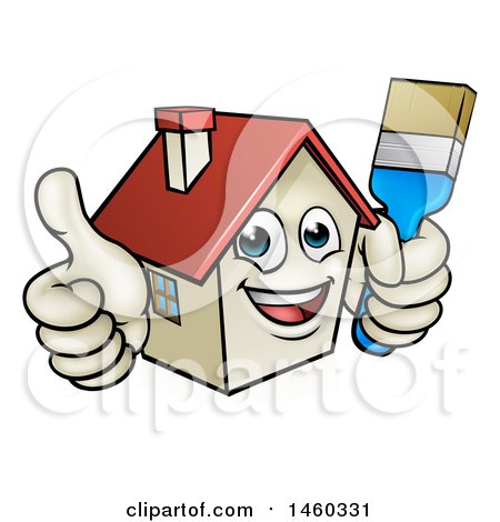 Clipart of a Cartoon Happy Home Mascot Character Giving a Thumb up and Holding a Paintbrush - Royalty Free Vector Illustration by AtStockIllustration