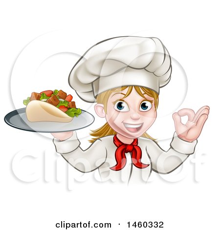 Clipart of a Cartoon Happy White Female Chef Holding a Kebab on a Tray and Gesturing Perfect - Royalty Free Vector Illustration by AtStockIllustration