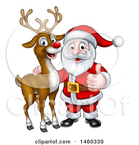 Clipart of a Christmas Reindeer with Santa Holding a Thumb up - Royalty Free Vector Illustration by AtStockIllustration