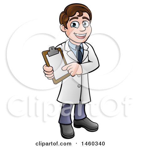 Clipart of a Cartoon Young Male Scientist Holding a Clipboard - Royalty Free Vector Illustration by AtStockIllustration