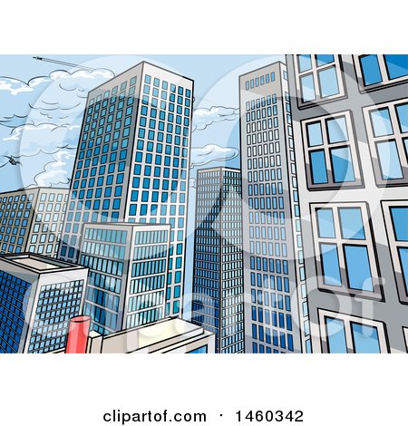 Clipart of a Pop Art Comic Book Styled Scene of City Skyscraper Buildings - Royalty Free Vector Illustration by AtStockIllustration