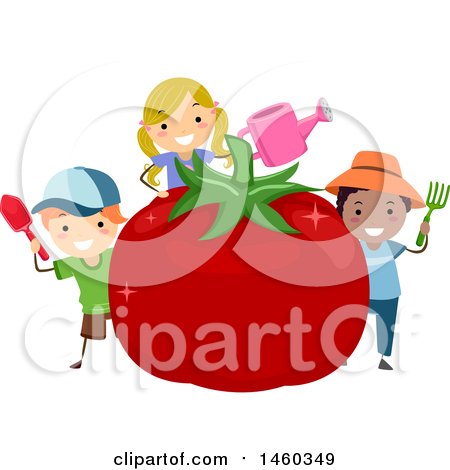 Clipart of a Group of Children Holding Gardening Tools Around a Giant Tomato - Royalty Free Vector Illustration by BNP Design Studio