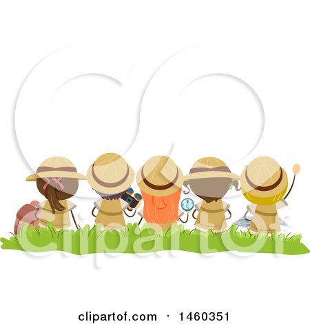 Clipart of a Rear View of Sitting Explorer Children - Royalty Free Vector Illustration by BNP Design Studio