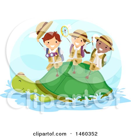 Clipart of a Group of Explorer Children Riding on a Turtle - Royalty Free Vector Illustration by BNP Design Studio