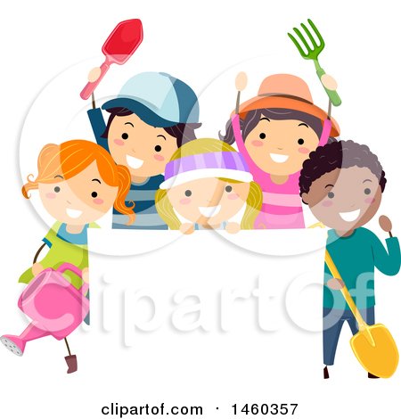 Clipart of a Group of Children with Gardening Tools Around a Blank Sign - Royalty Free Vector Illustration by BNP Design Studio