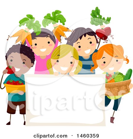 Clipart of a Group of Children with Harvested Produce Around a Blank Sign - Royalty Free Vector Illustration by BNP Design Studio